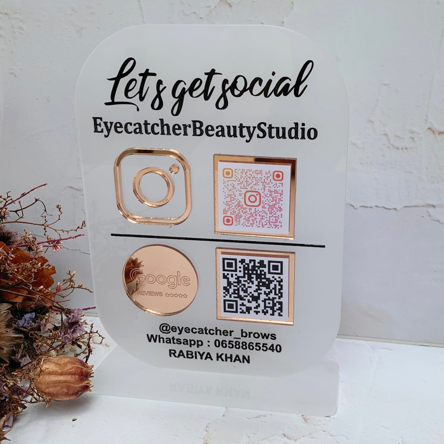 Acrylic social media sign , with 2 icons and QR codes.