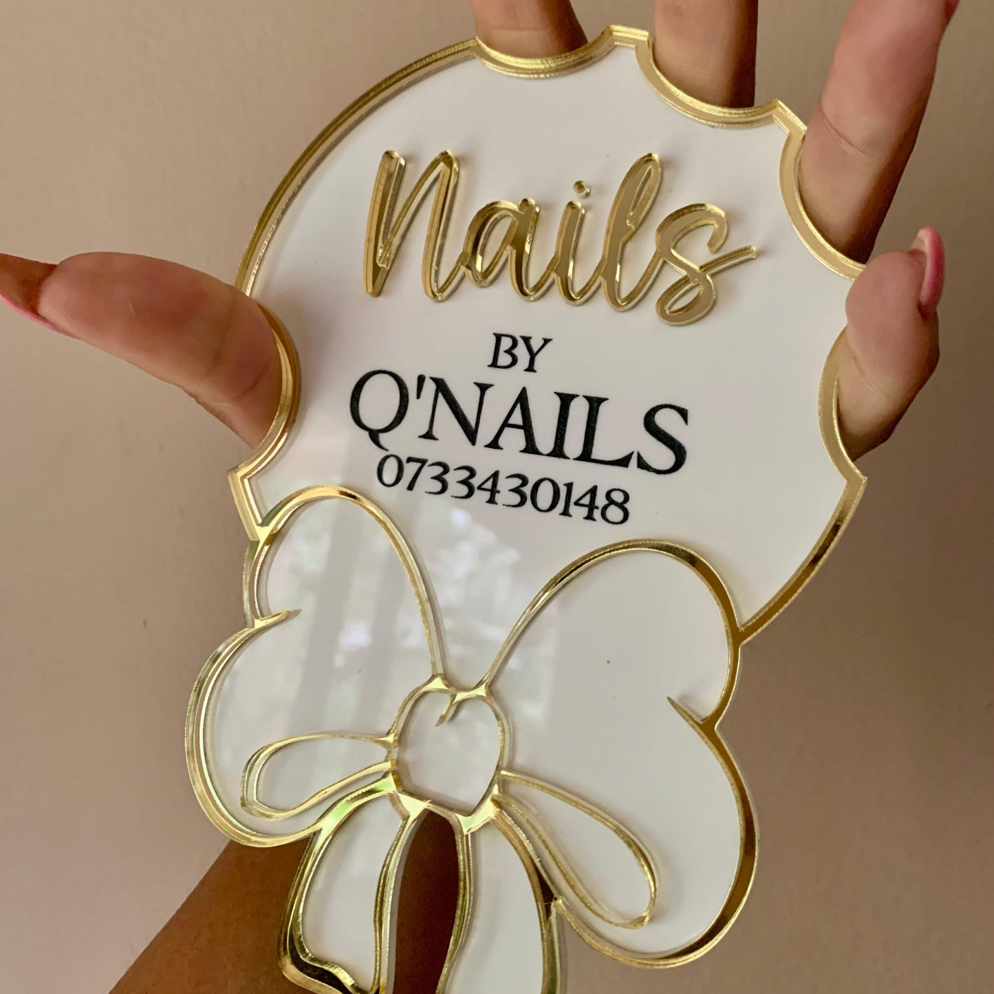 Nailfie Bow disk - Custom Acrylic Branding Prop for Nail Techs & Beauty Salons