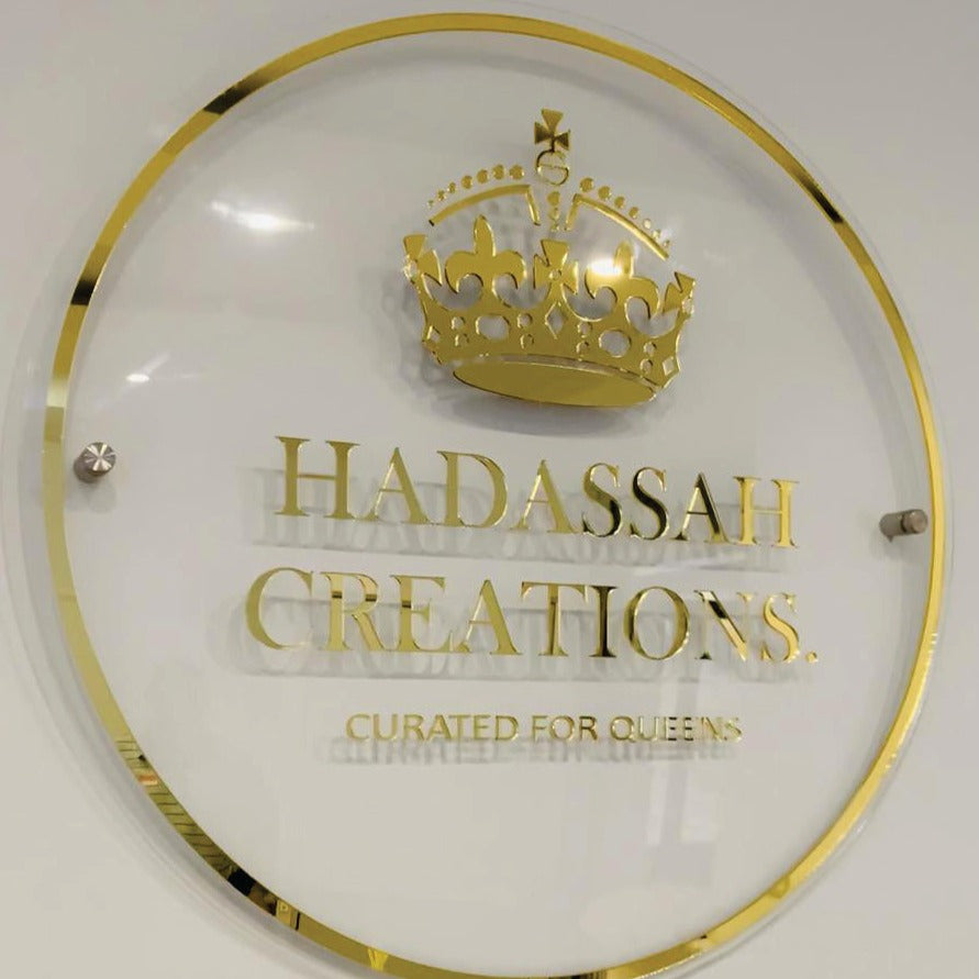 Acrylic layered business sign , clear acrylic and gold mirror acrylic logo cutout