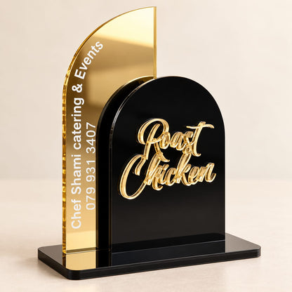 Black and gold mirror double panel catering menu stand with personalised branding
