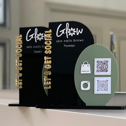 Glow skin nails brows promotional stand with QR codes and branding