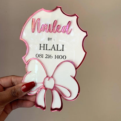 Nailfie Bow disk - Custom Acrylic Branding Prop for Nail Techs & Beauty Salons